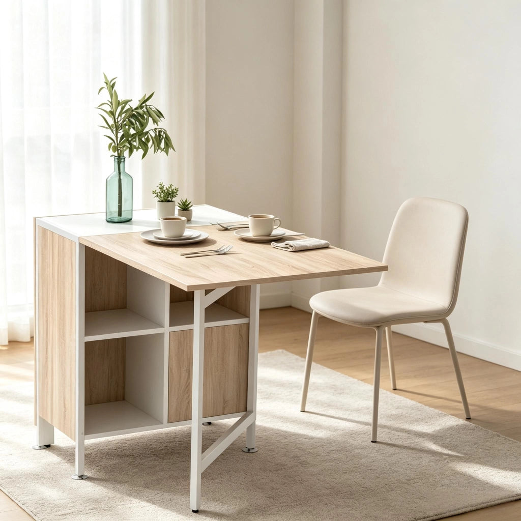 Tavolo allungabile pieghevole con 4 vani contenitore in MDF e acciaio per cucina e soggiorno bianco rovere