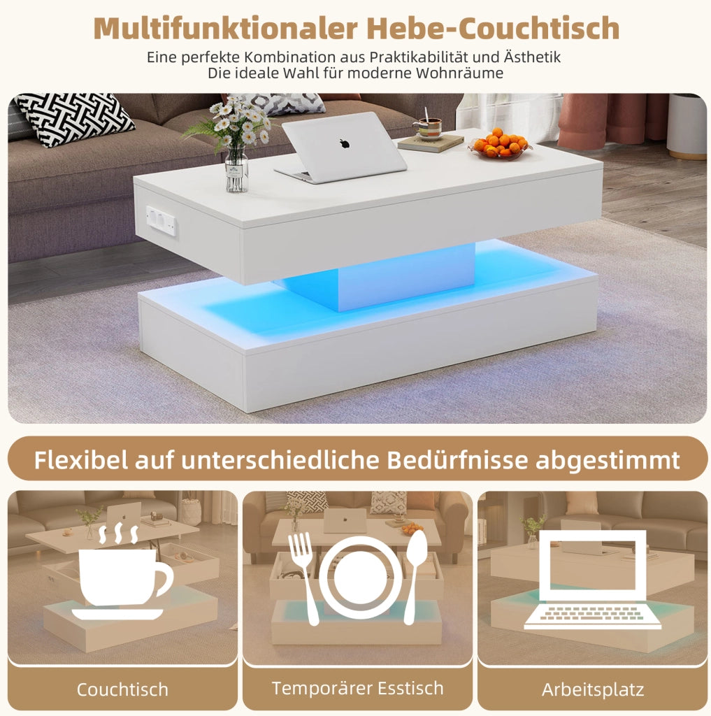 Tavolino da salotto sollevabile con LED; vano portaoggetti e prese EU 100x50x42 cm bianco