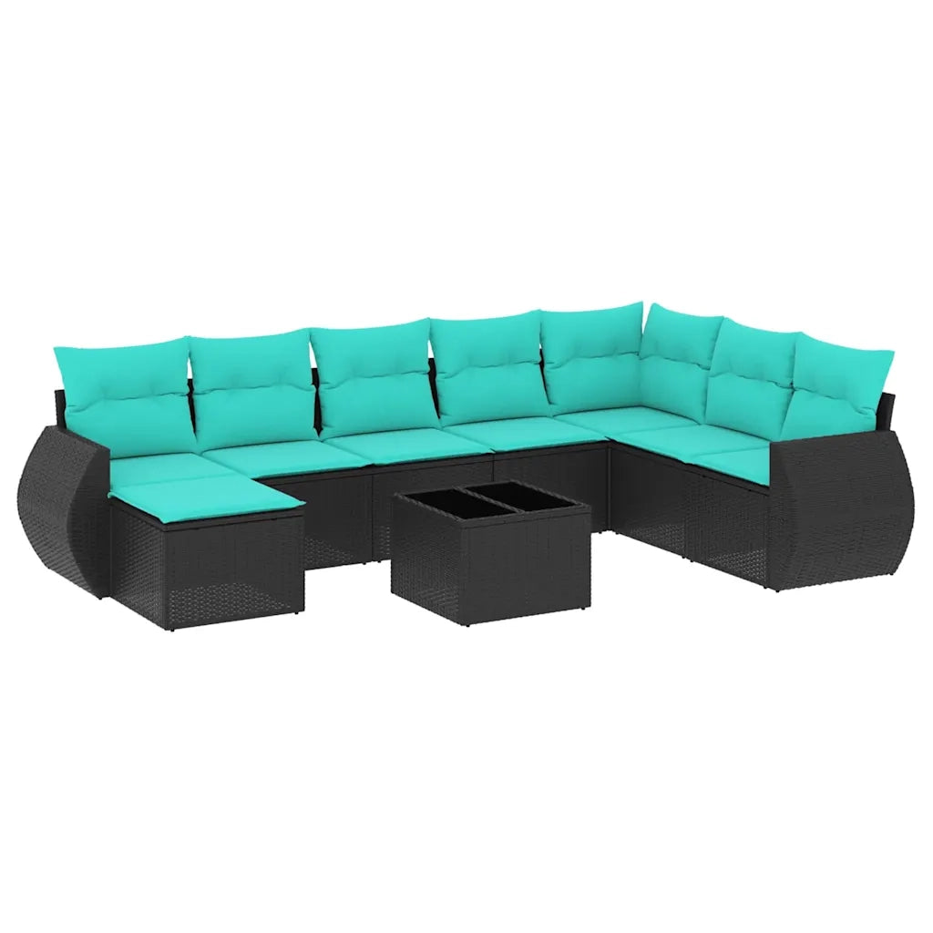 Set Divani da Giardino 9 pz con Cuscini Nero in Polyrattan 3221766
