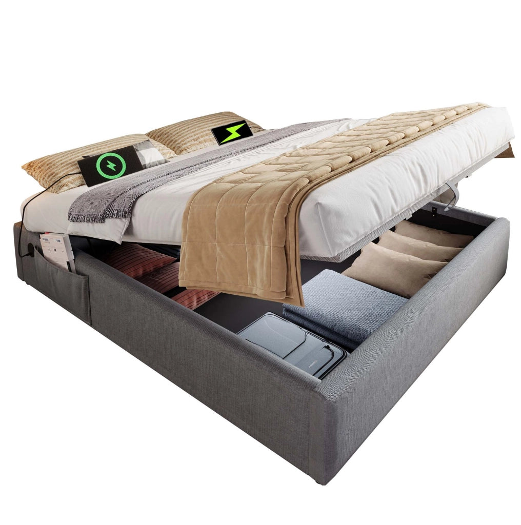 Letto matrimoniale 160x200 cm in cotone e lino grigio con vano e USB-C, senza materasso