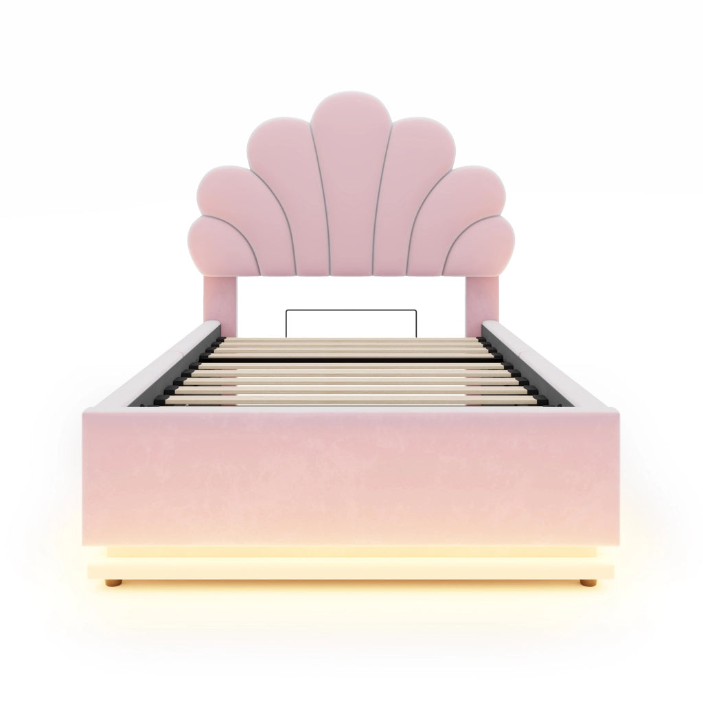 Letto contenitore 90 × 200 cm imbottito con testiera a fiore LED regolabile struttura in metallo velluto rosa