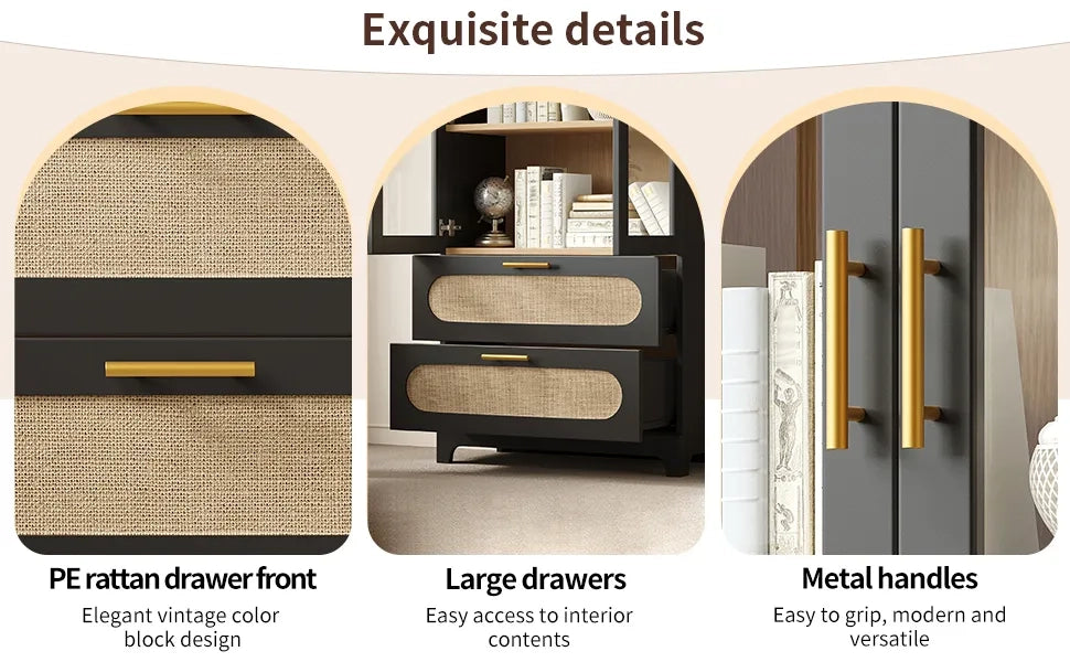 Vetrina Retro Nera 175x80x40 cm con 2 Ante Arco Montmartre, Libreria con 2 Cassetti e Ripiani Regolabili