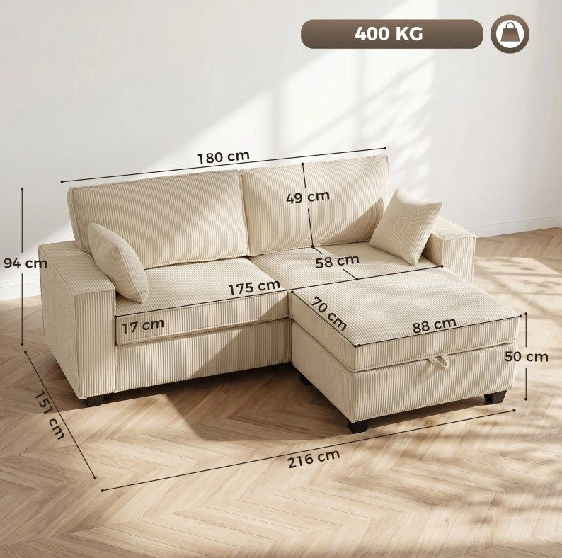Divano modulare 3 posti in velluto a coste beige con pouf contenitore