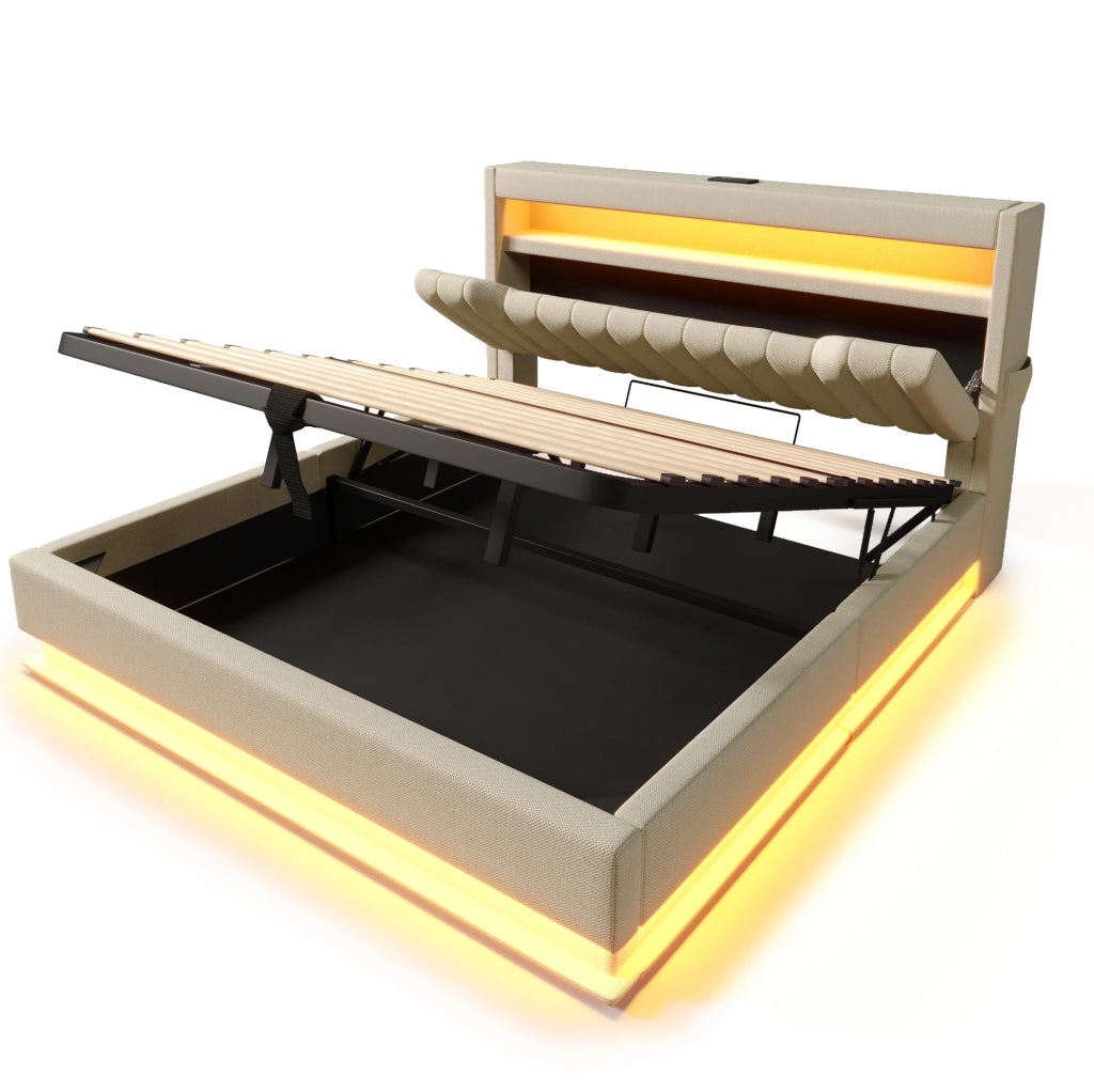 Letto 180x200 cm con vano contenitore idraulico, LED, USB e USB-C rivestito in lino beige