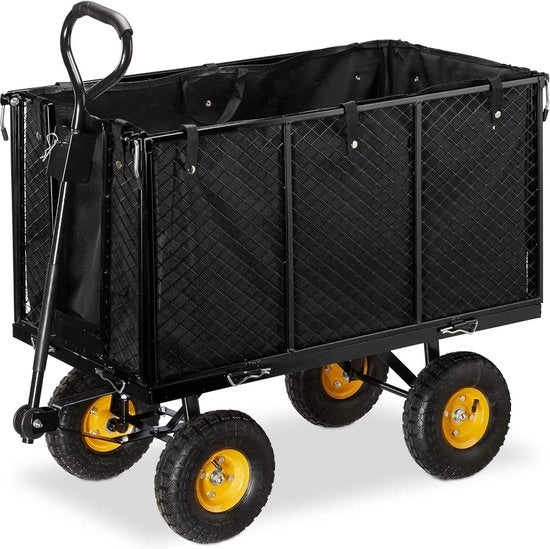 Carrello per giardino grande - pareti laterali ripiegabili - tenda rimovibile - maniglie - 500 kg - nero