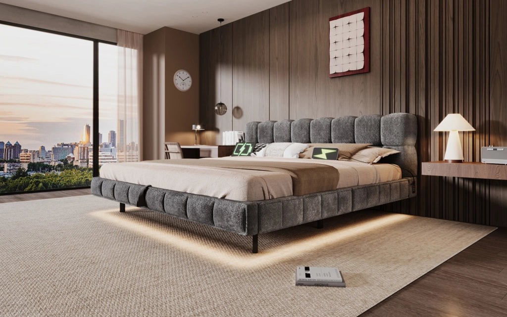 Letto imbottito matrimoniale 180x200 cm grigio con contenitore idraulico, illuminazione LED e porte di ricarica USB e Tipo-C