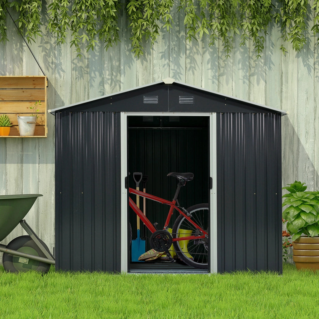 EasyComfort Casetta da Giardino 3.6m² in Acciaio Zincato con Prese d'Aria, Capanno da Giardino con Tetto Inclinato, Doppie Porte Scorrevoli Bloccabili, Capanno Porta Attrezzi, 236x174x190cm, Grigio Scuro