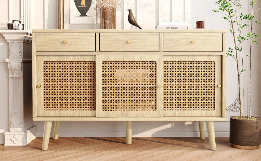 Sideboard con 3 cassetti e 3 ante scorrevoli, intreccio di rattan, gambe in legno massello, maniglie in metallo dorato, ripiani regolabili, rovere, 120x40x78 cm