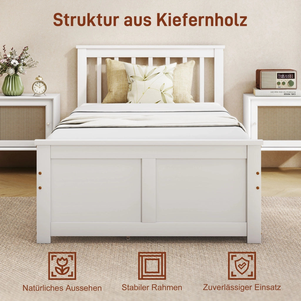 Letto Singolo 90 x 200 cm in Legno Bianco con 2 Cassetti su Ruote, Giroletto Robusto e Salvaspazio per Camera da Letto
