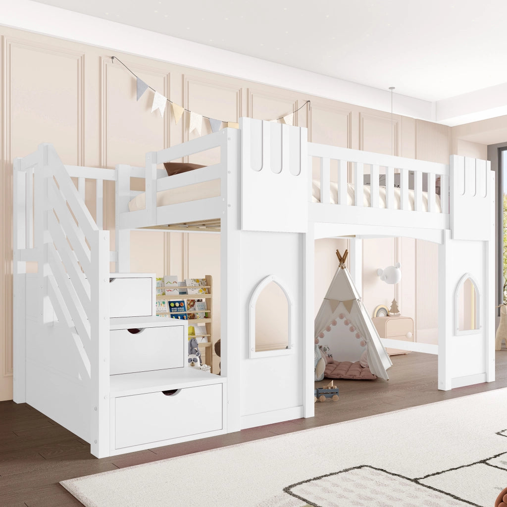 Letto a soppalco 90 x 200 cm con scala contenitore e 2 finestre, letto per bambini in legno bianco con sponde di sicurezza, area gioco e rete a doghe