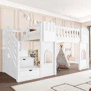 Letto a soppalco 90 x 200 cm con scala contenitore e 2 finestre, letto per bambini in legno bianco con sponde di sicurezza, area gioco e rete a doghe