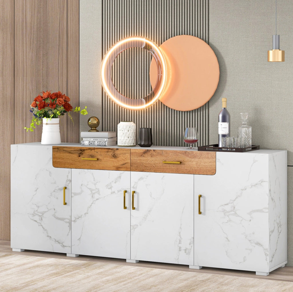 Credenza moderna bianca effetto marmo, 208 x 39,5 x 80 cm