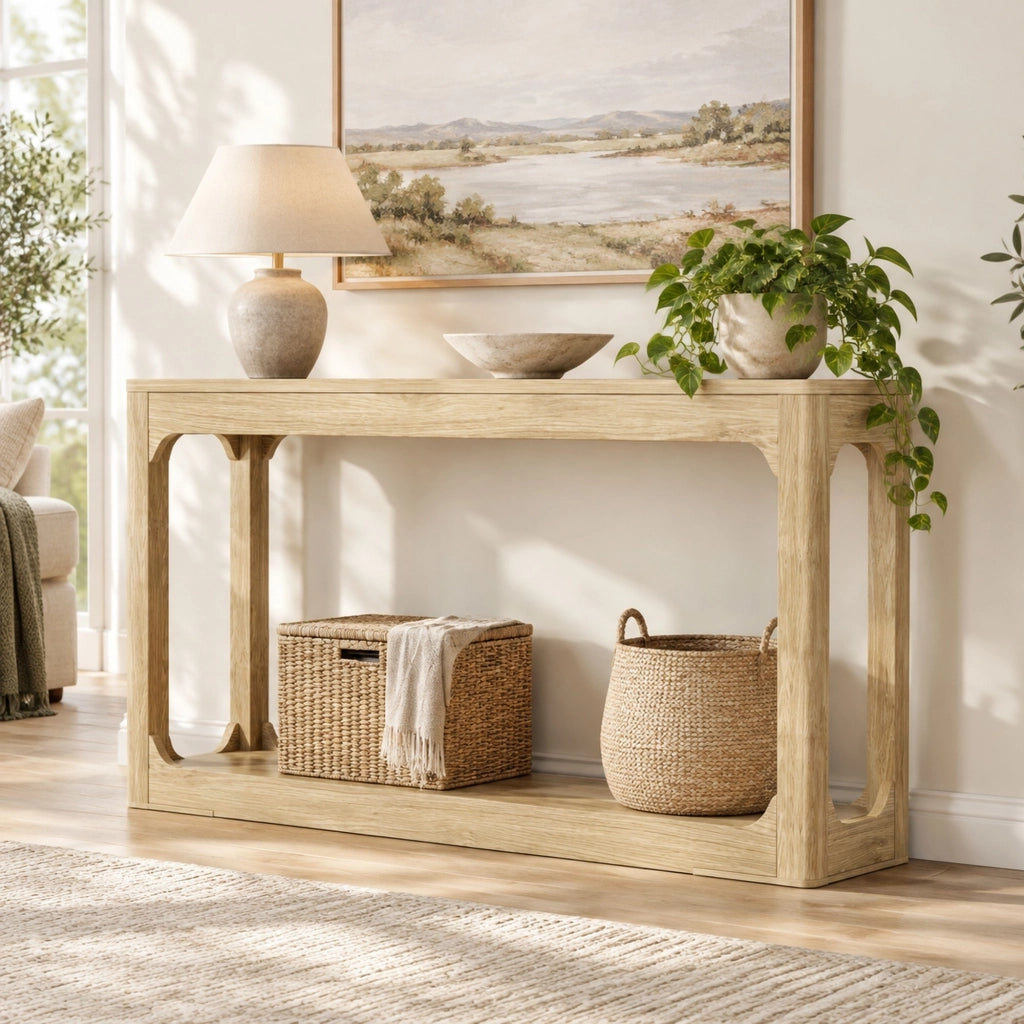 Tavolo consolle stretto 140 cm con ripiani aperti in MDF naturale HOMVRA