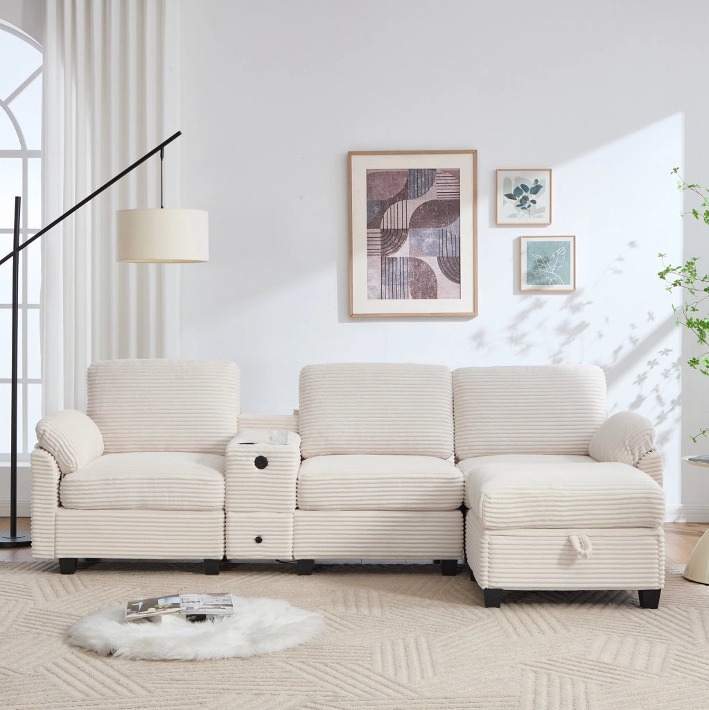 Divano beige in velluto a coste con console scorrevole; USB-C e pouf contenitore – 266 × 136 × 82 cm