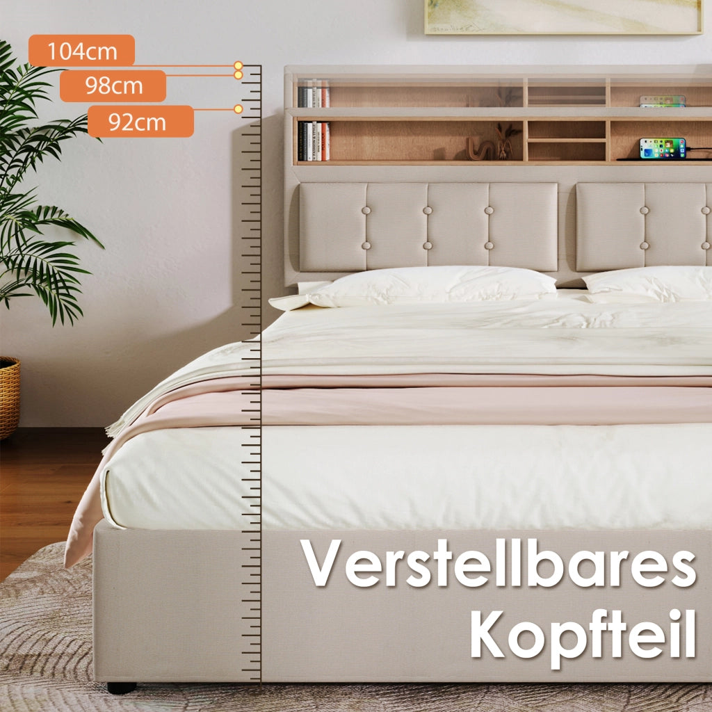 Letto matrimoniale imbottito 140 × 200 cm con 4 cassetti prese USB C testiera regolabile in lino beige
