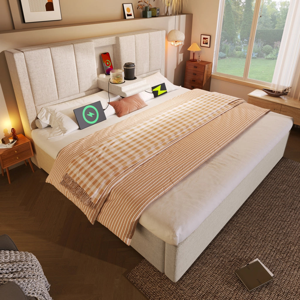 Letto contenitore matrimoniale 180 × 200 cm con 2 portabicchieri; USB e Type-C; senza materasso; in lino beige