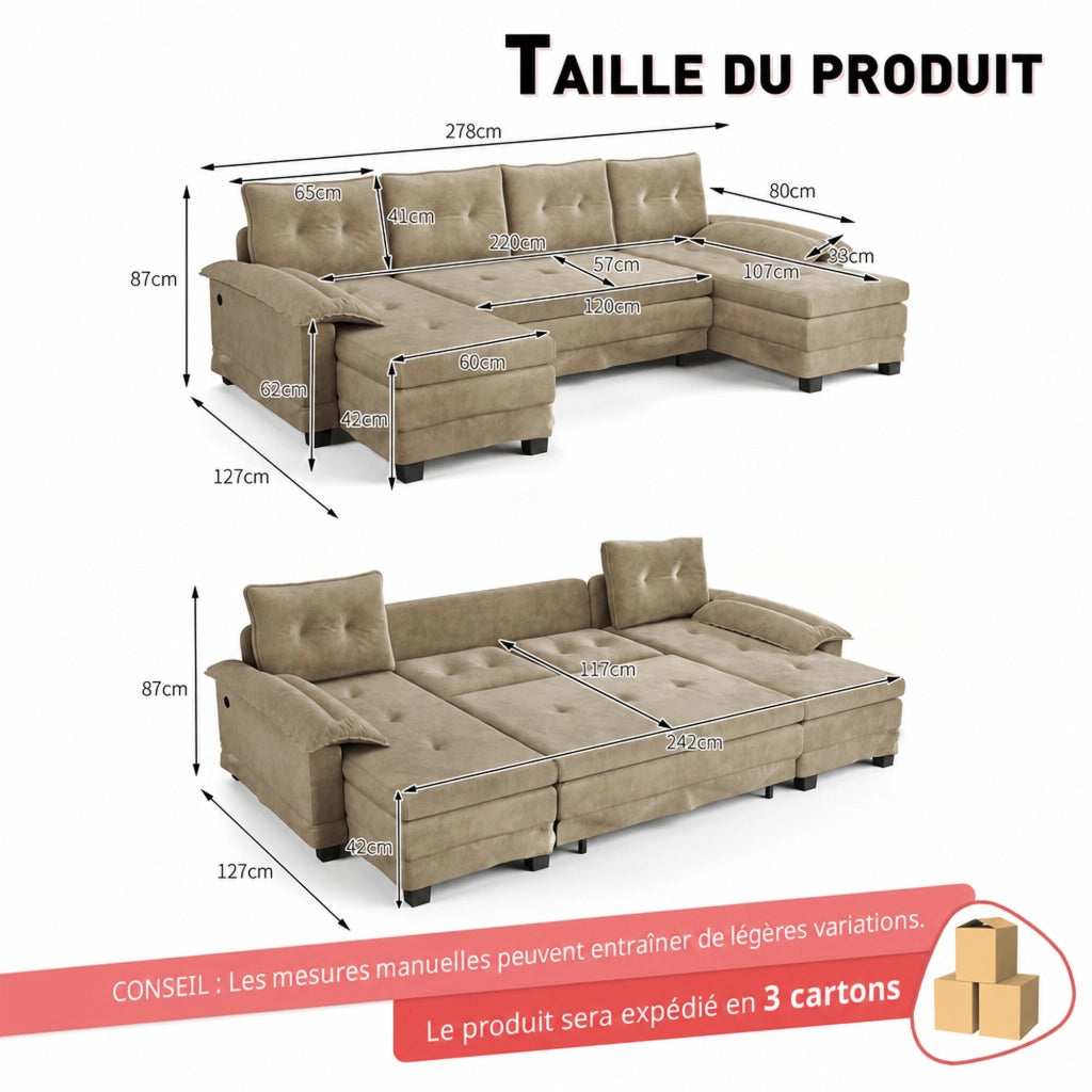 Divano letto modulare a U ULEVR 278x127 cm con letto estraibile, USB e cuscini bracciolo removibili, khaki