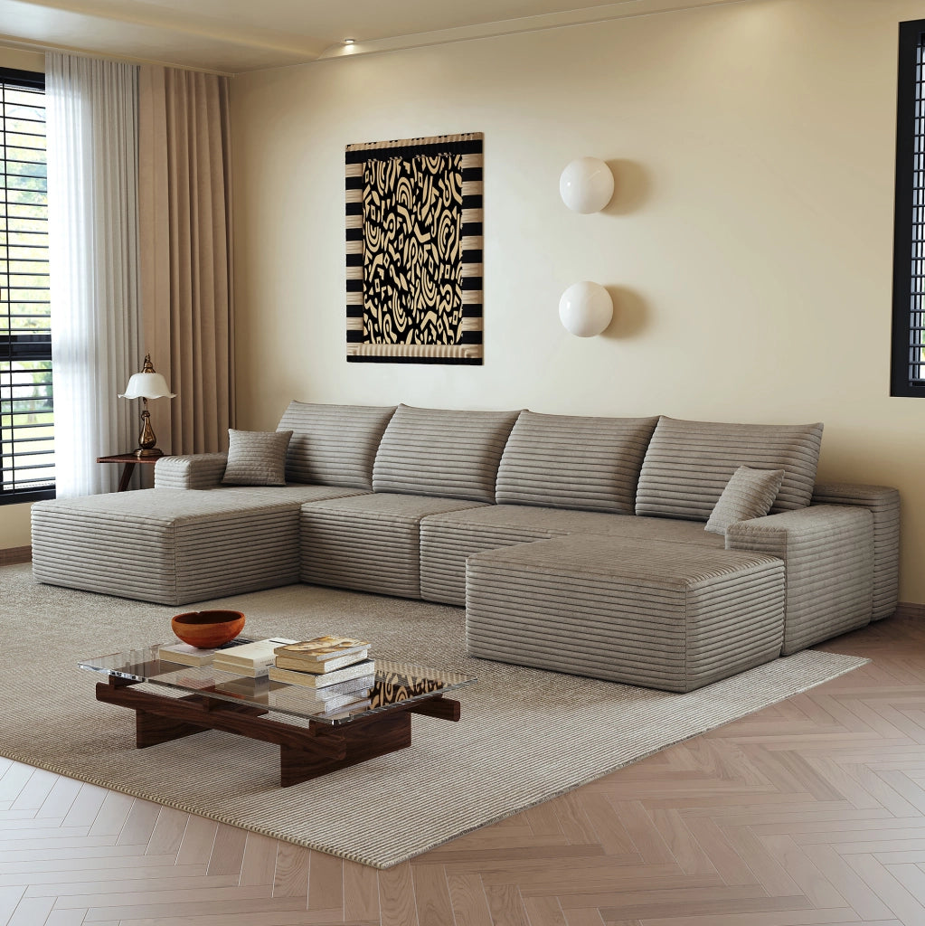 DIVANO Modulare 340x175x83 cm in Tessuto a Coste Camel