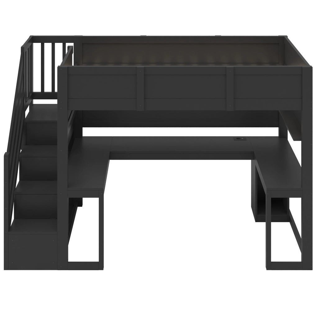 Letto a soppalco 90 × 200 cm con scrivania scala contenitore USB LED in MDF e compensato nero