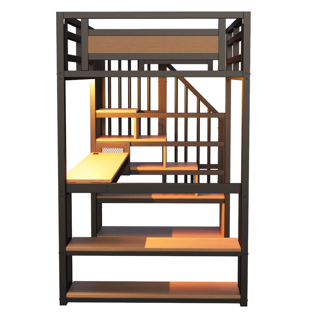 Letto a soppalco 90 × 200 cm con scrivania scaffali scala contenitore metallo e MDF nero con parapetto