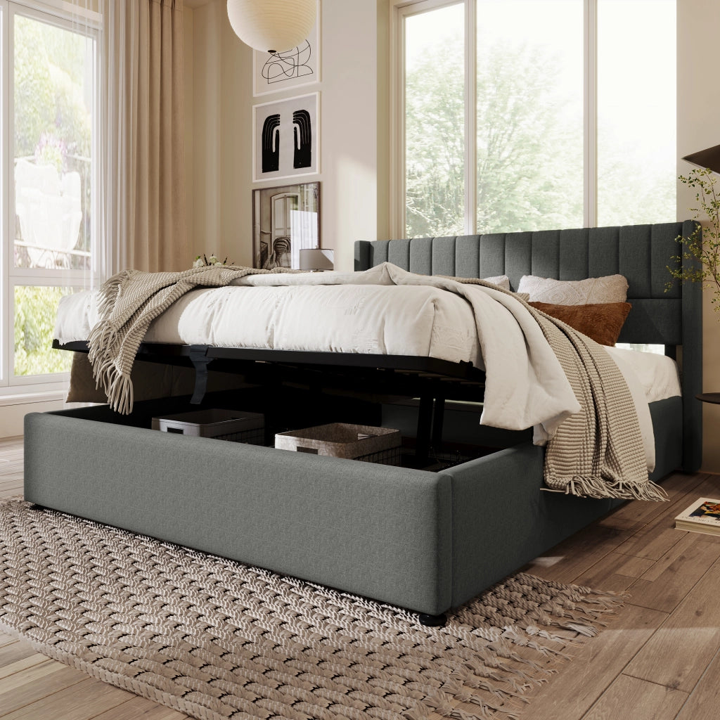 Letto matrimoniale con contenitore 160 × 200 cm idraulico con rete a doghe e testiera imbottita in lino grigio
