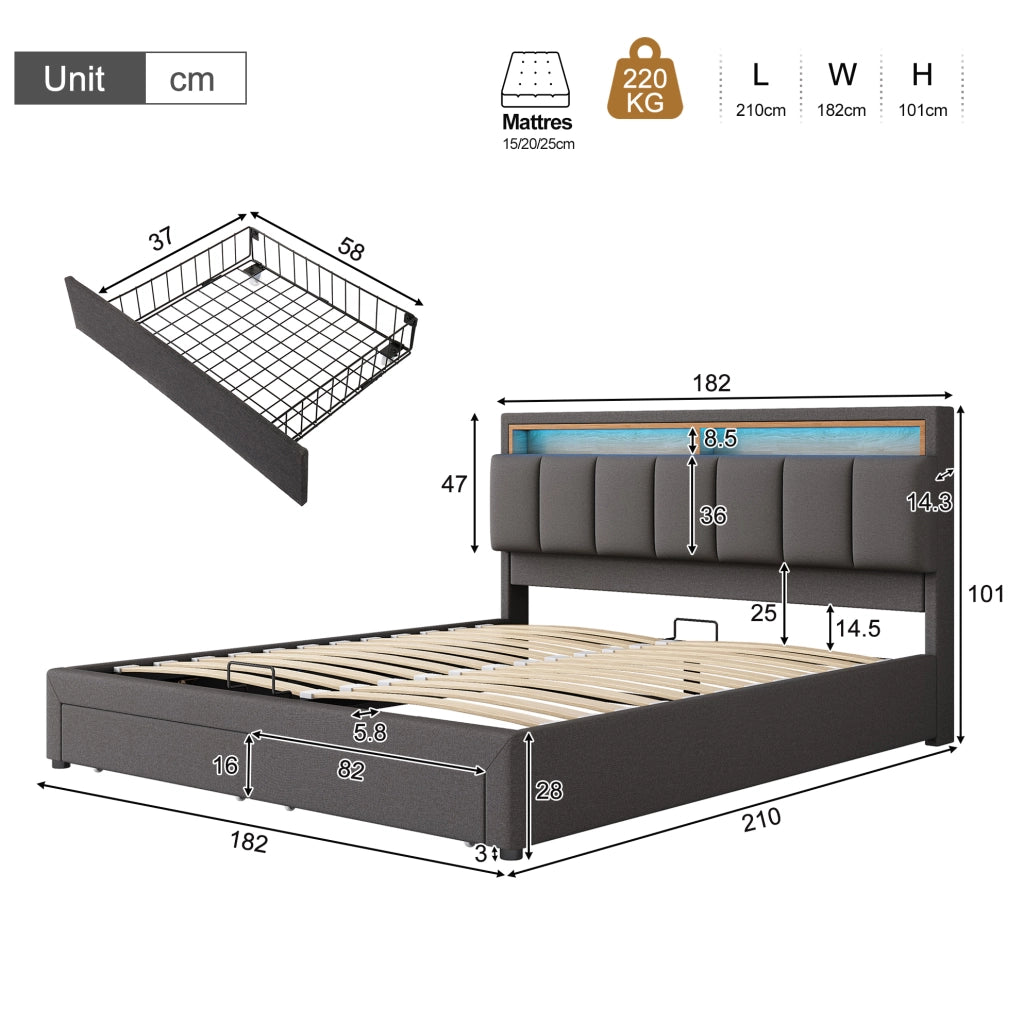 Letto matrimoniale 180x200 cm in lino grigio scuro con LED e vano contenitore HOMVRA