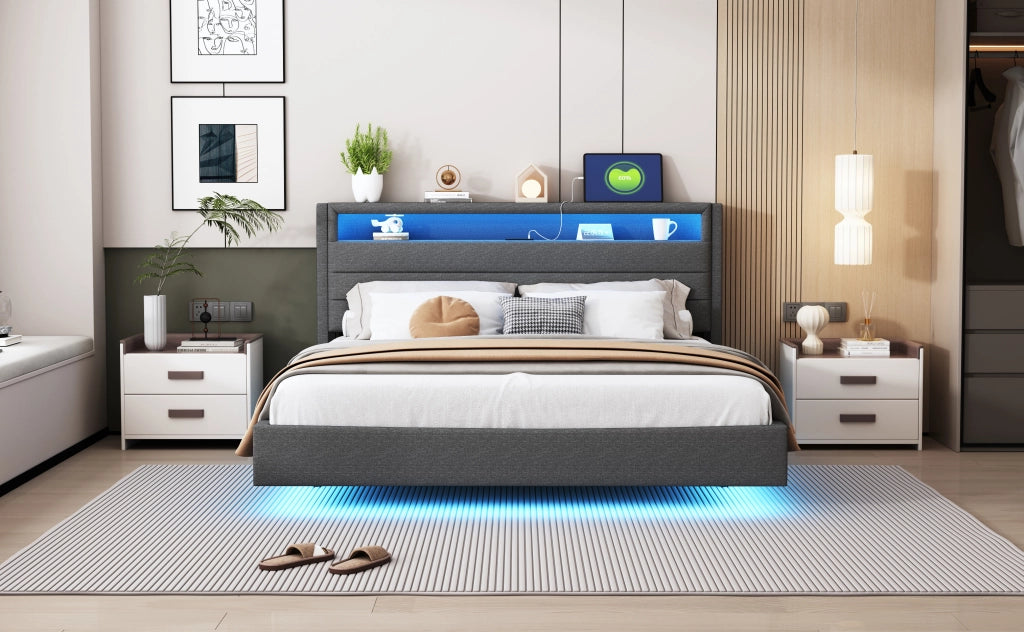 DESMIU Lit adulte 160 × 200 cm con USB, LED, testiera reversibile e piedi nascosti, senza materasso, grigio