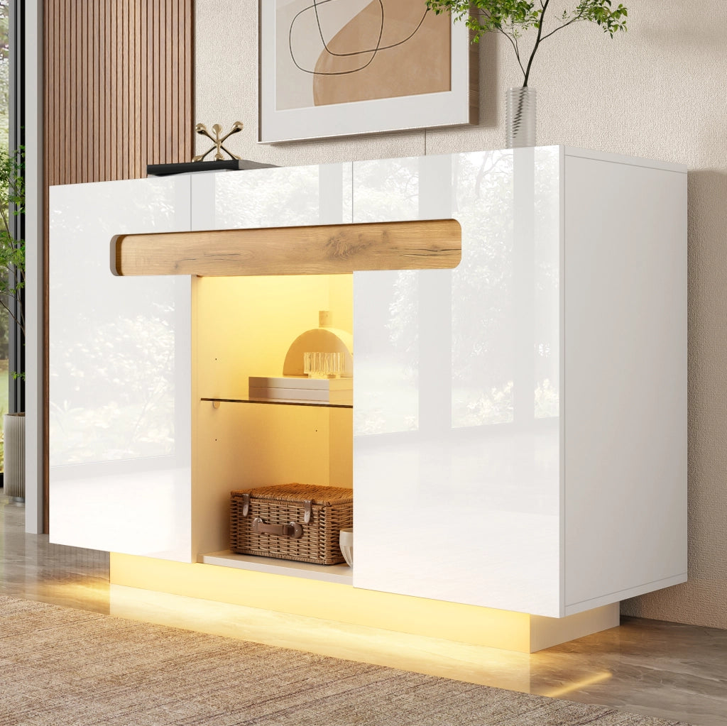 Credenza ULEVR 120x40x80 cm con LED regolabile via app, ripiani in vetro e vani aperti, bianco effetto legno naturale