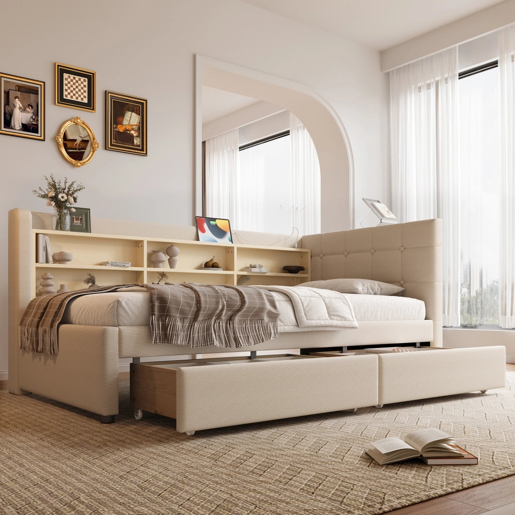 Letto a giorno con 2 cassetti; porta USB e Tipo-C; ripiani e doghe; lino beige; 90x200 cm; senza materasso