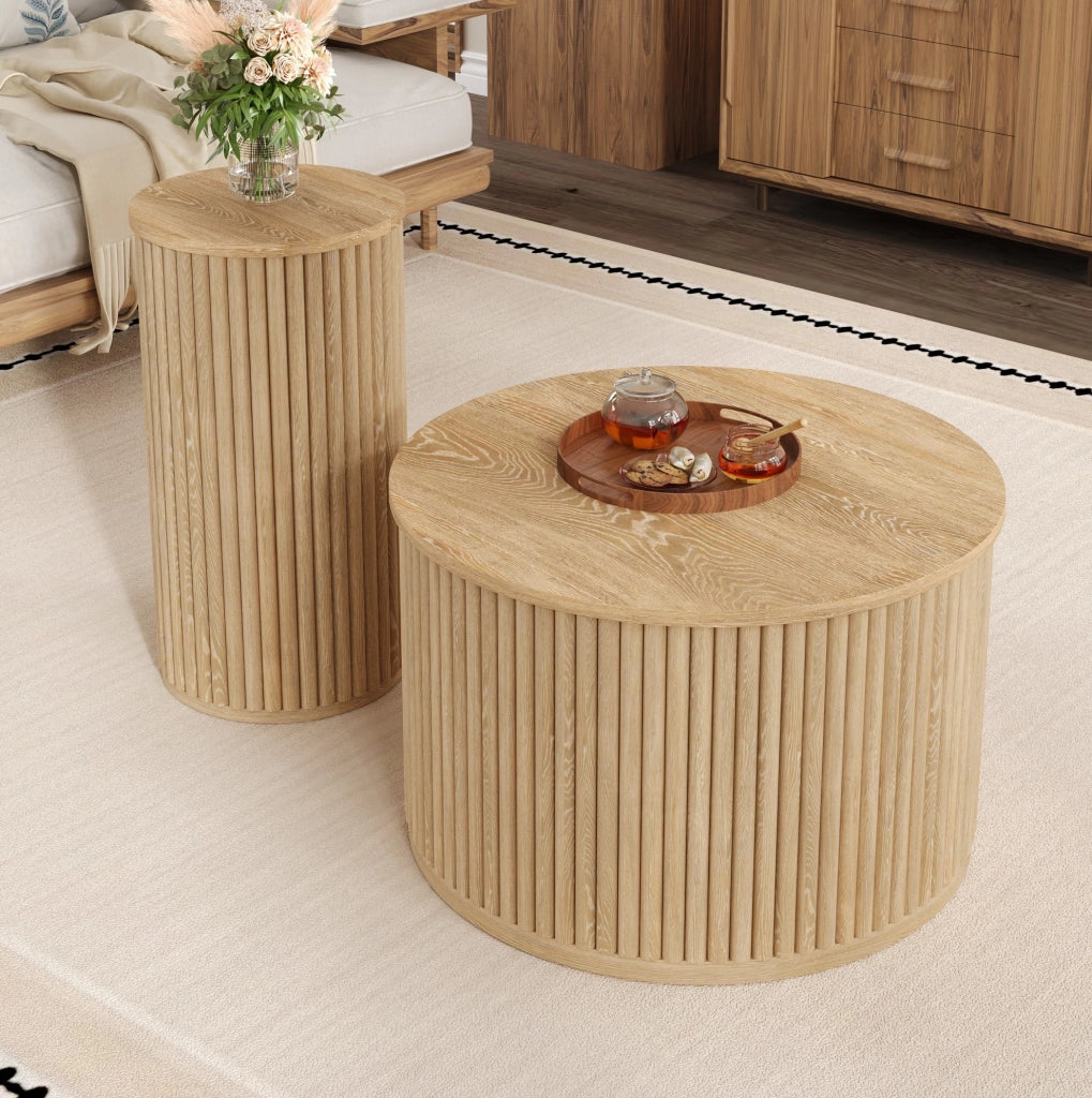 Set di 2 tavolini da salotto rotondi in MDF naturale con motivo a listelli verticali