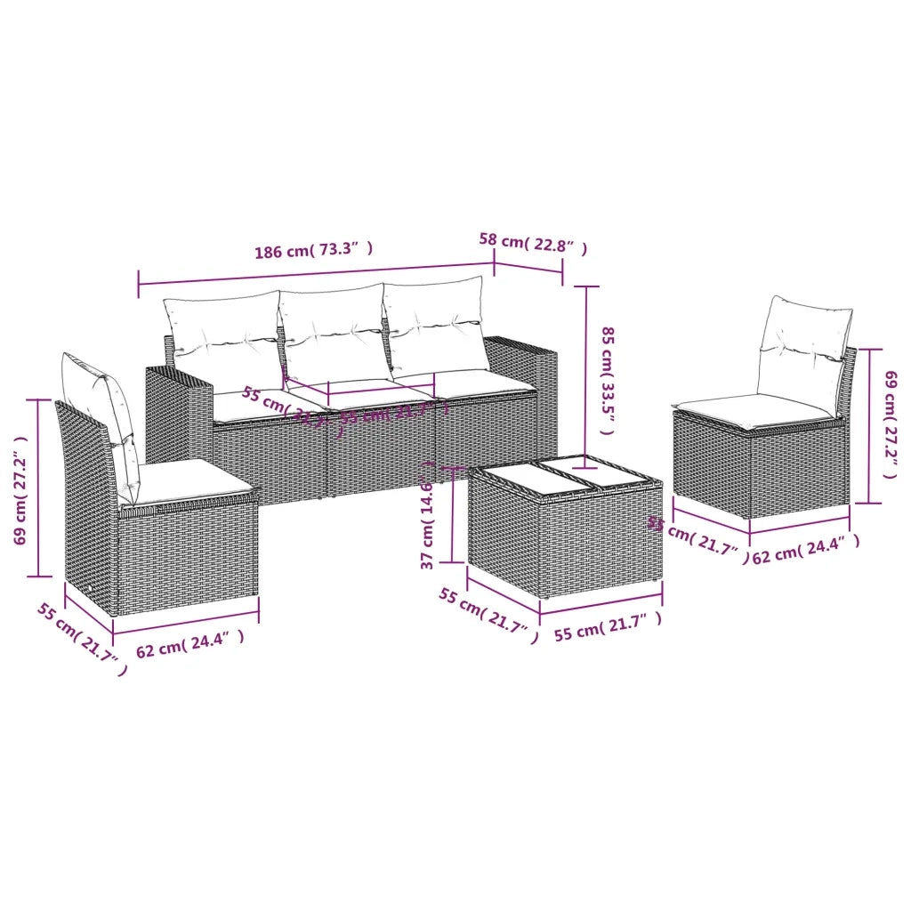 Set Divano da Giardino 6 pz con Cuscini Grigio in Polyrattan 3251137