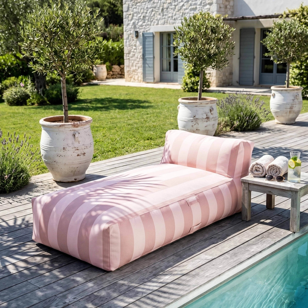 Oviala - Chaise longue a righe con mobili da giardino modulari rosa cipria