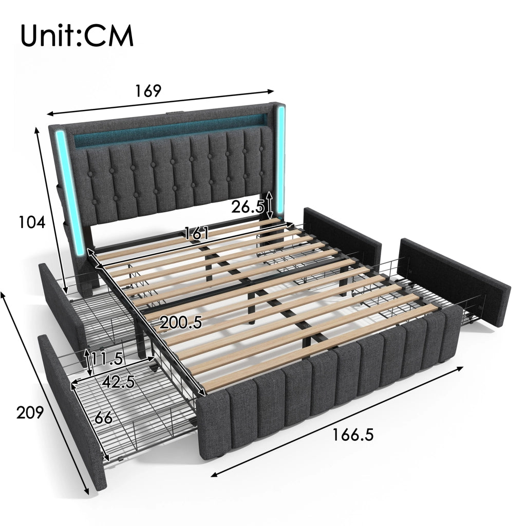 Letto con cassetti 160 × 200 cm con LED; ricarica USB e Type-C; rivestito in lino grigio con rete a doghe