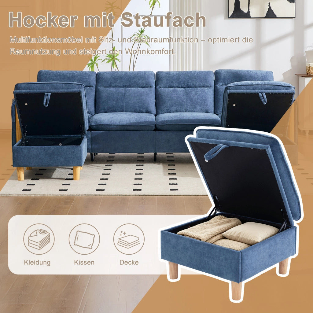 Divano panoramico modulare a 4 posti in ciniglia blu con due pouf contenitore e gambe in legno per soggiorno