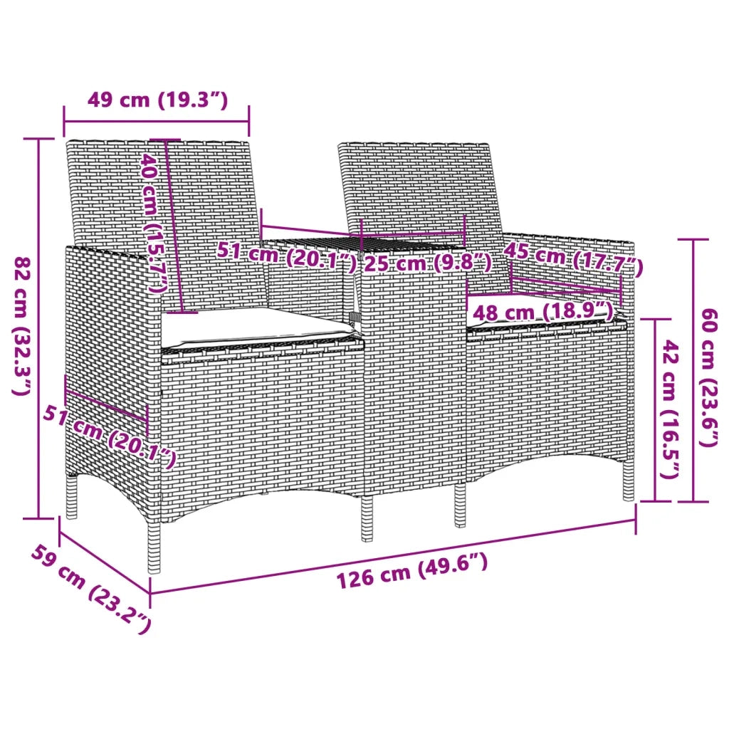 Divano a 2 Posti con Tavolo e Cuscini-Sofa 2 Posti Marrone in Polyrattan
