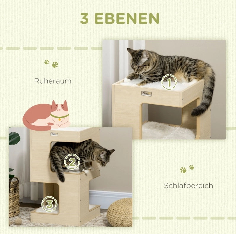 Cuccia per gatto 34 x 34 x 60 cm in legno naturale e grigio chiaro con gioco