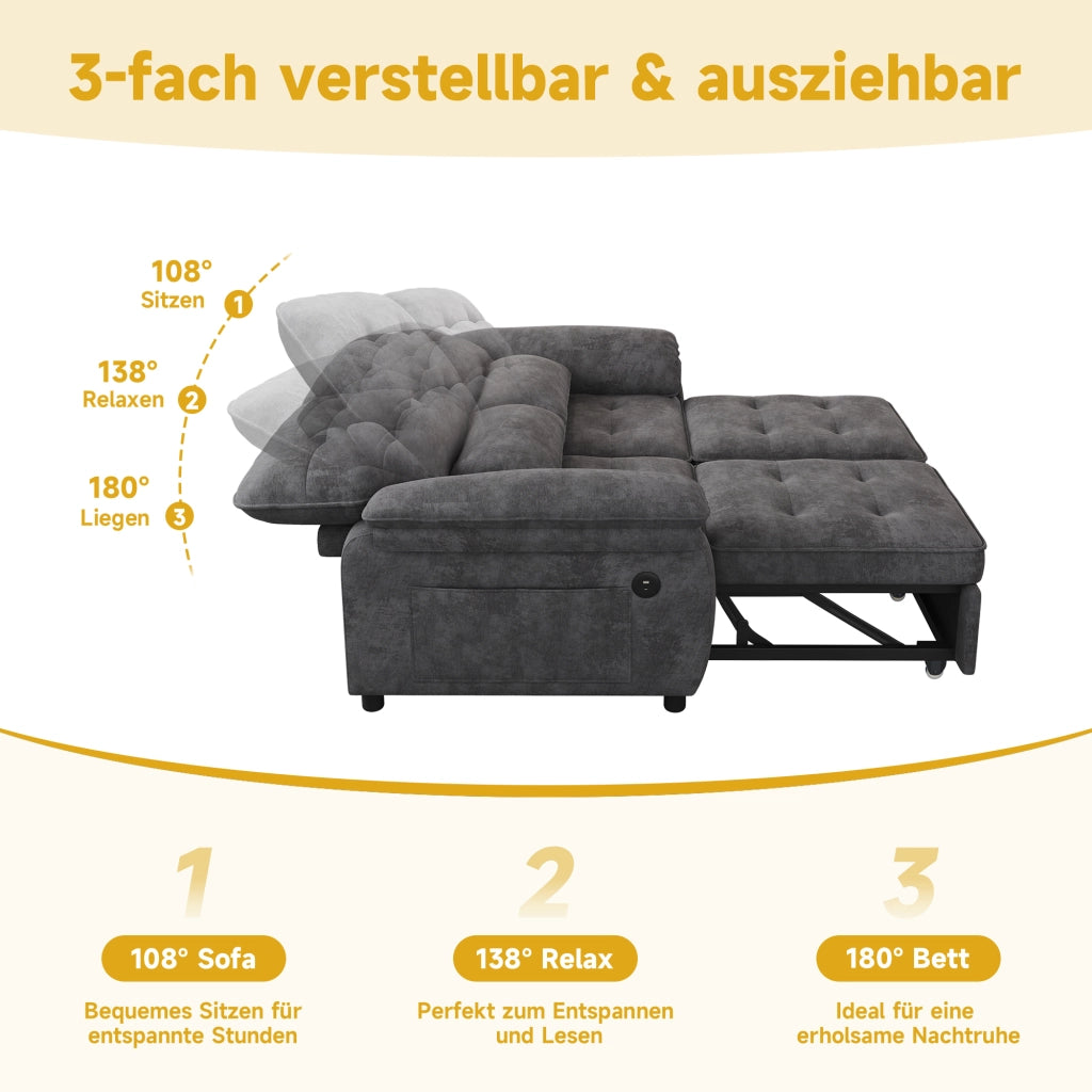 Divano letto 2 posti 3 in 1 con schienale regolabile prese USB e Type-C in ciniglia grigio con 2 cuscini