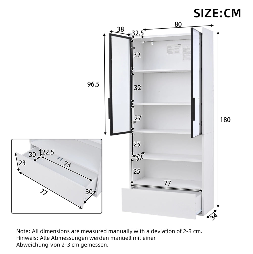 Vetrina alta bianca 80x34x180 cm con 1 cassetto, ante in vetro e illuminazione LED controllabile via app
