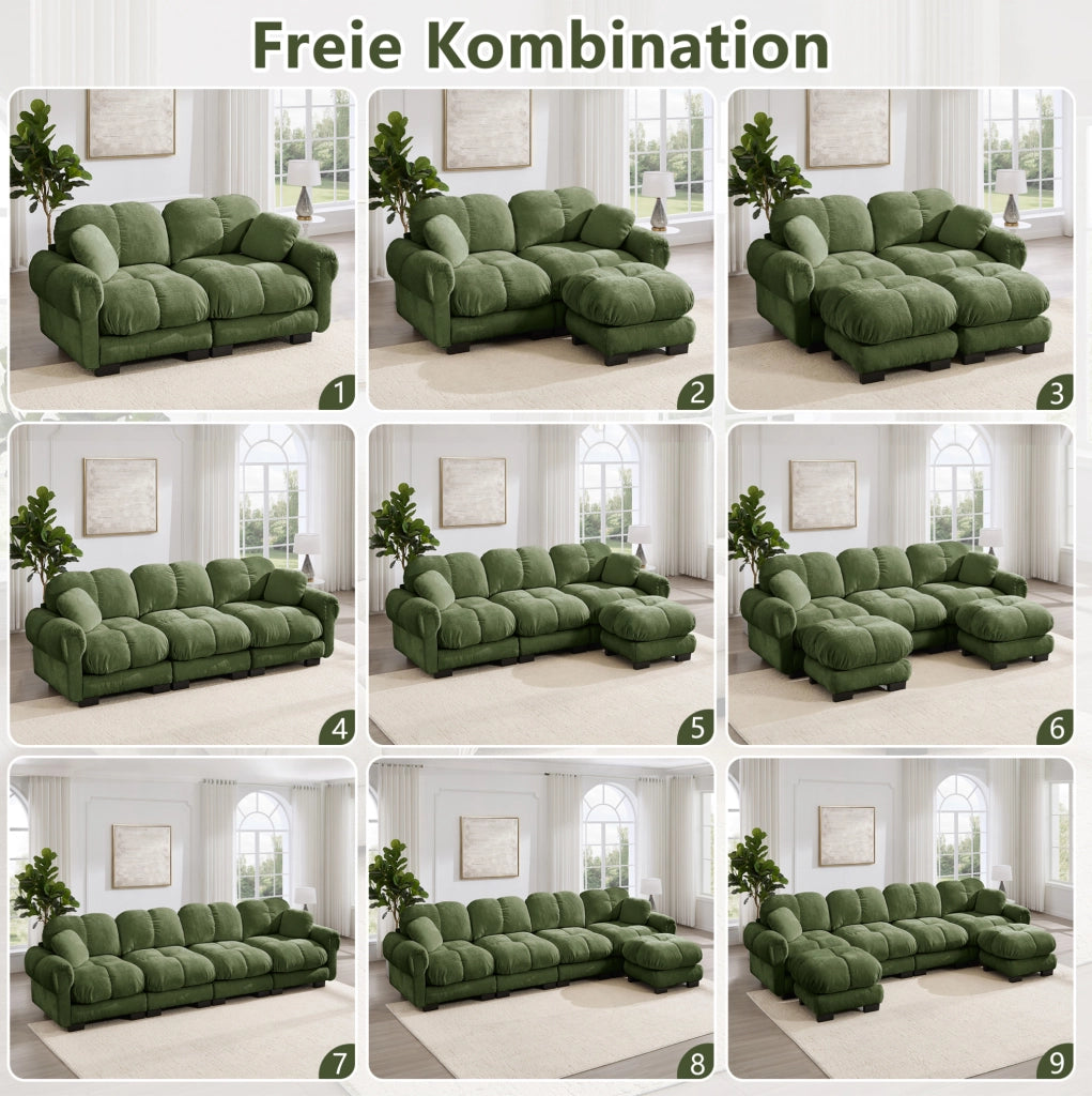 Divano a U da 3 posti in chenille verde con pouf mobile e due cuscini decorativi