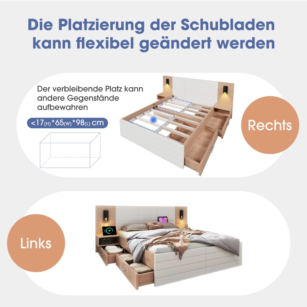 Set Camera da Letto 180x200 cm con 2 Comodini; Luci da Lettura; USB; White + Light Oak
