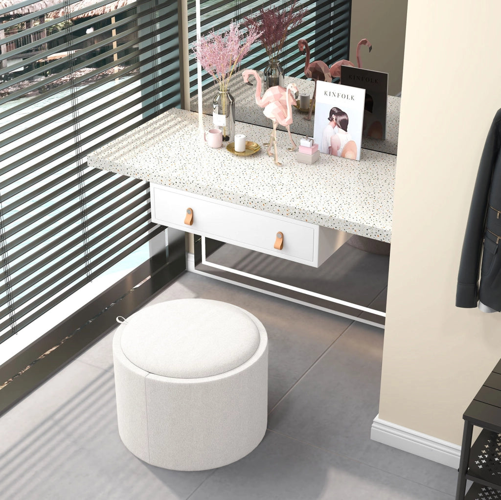 Pouf rotondo ULEVR ?56x42 cm con vano contenitore e coperchio reversibile, effetto lino bianco crema