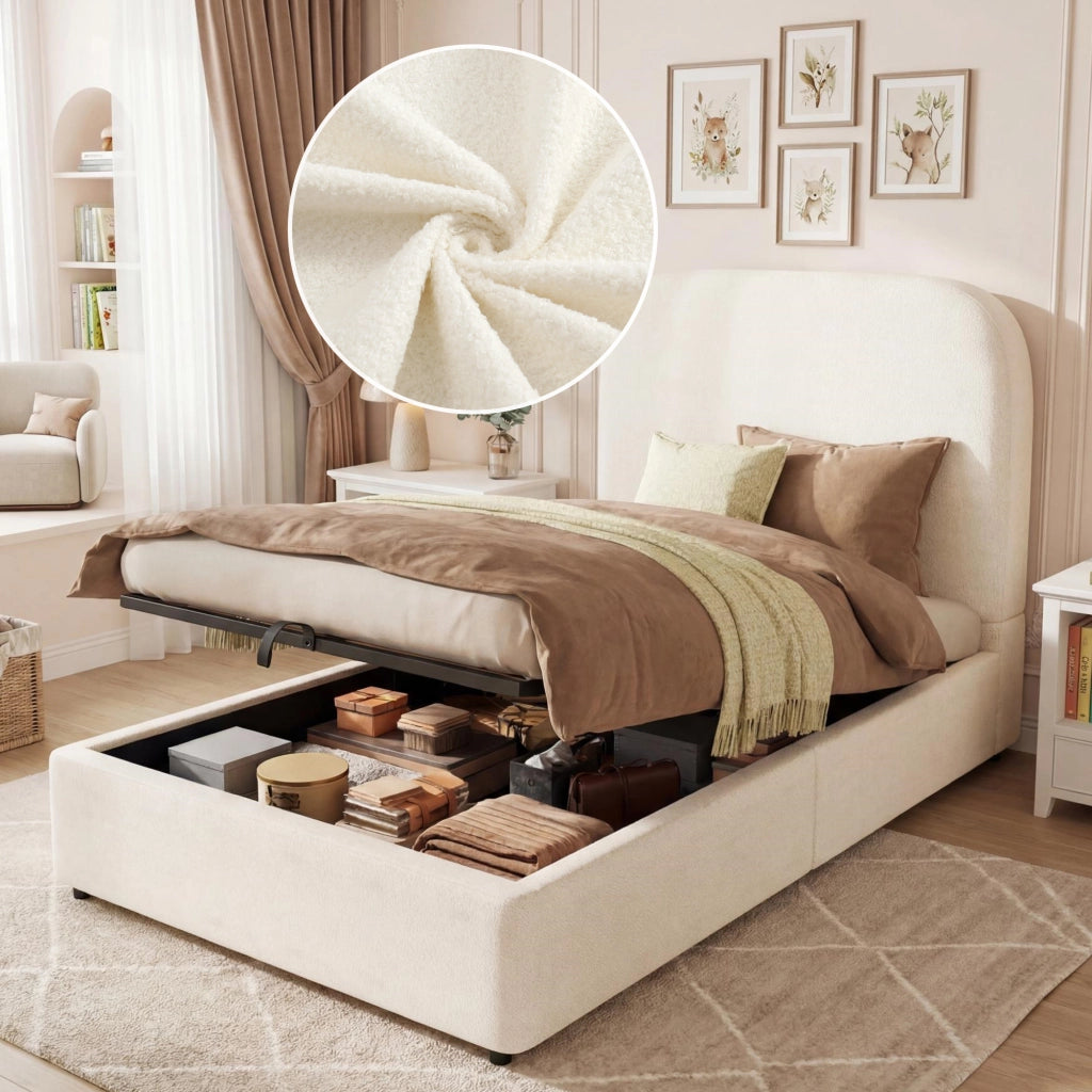 Letto singolo con contenitore 90 × 200 cm idraulico con rete a doghe testiera imbottita in bouclé beige