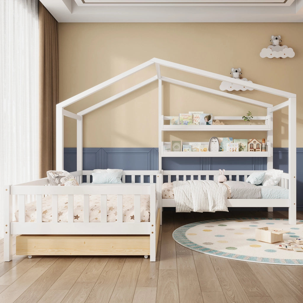 Letto a casetta per bambini in legno con cassetti e ripiani, bianco, 200x90 cm + 140x70 cm
