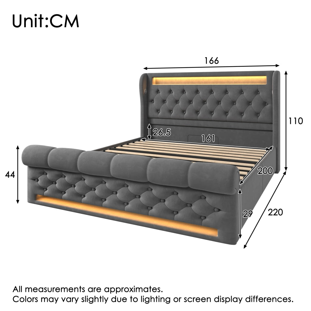 Letto con contenitore 160 × 200 cm idraulico con LED; USB e Type-C; testiera contenitore in velluto grigio