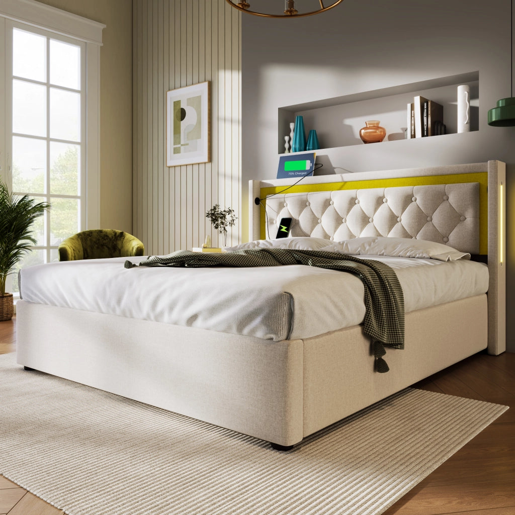 Letto contenitore 140x200 con LED; USB-C e testiera bicolore imbottita; cotone beige