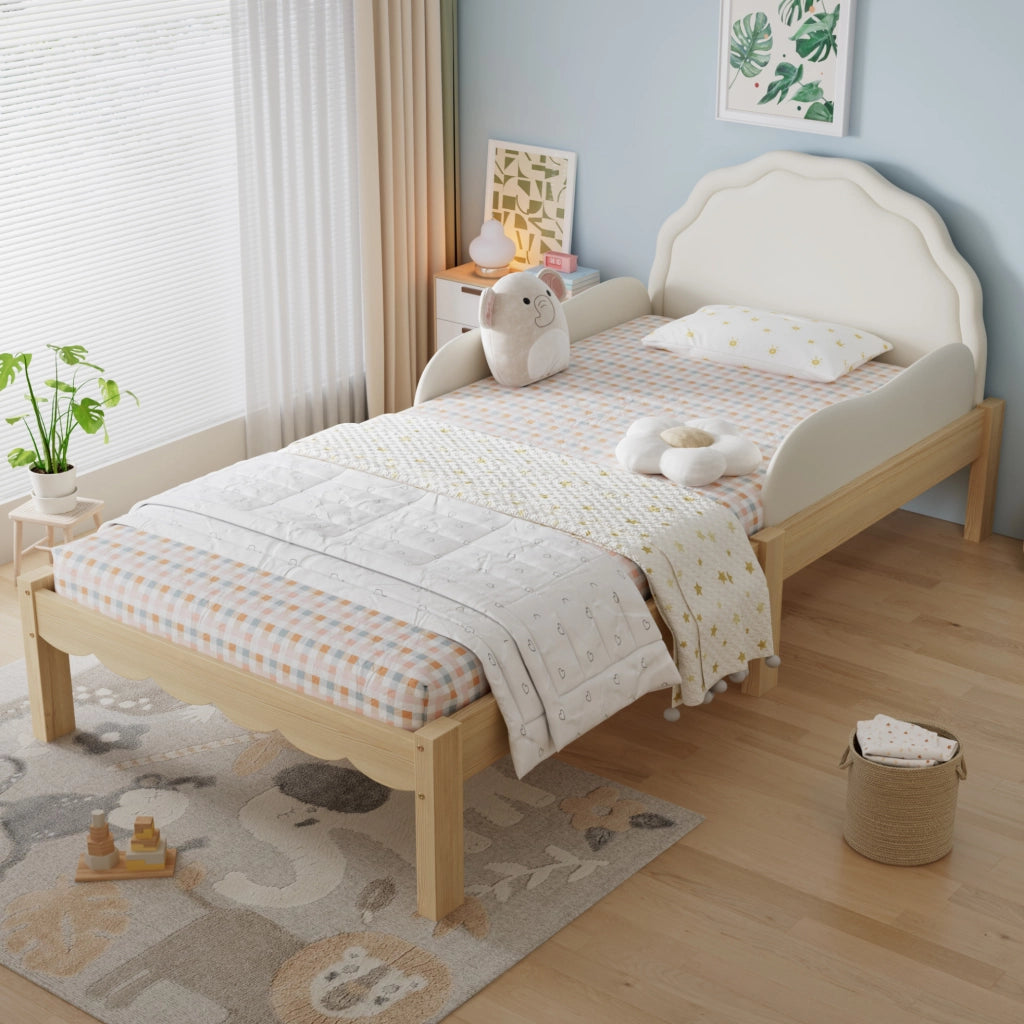 Letto singolo imbottito per bambini 90x200 cm con sponde laterali e testiera in PU beige HOMVRA