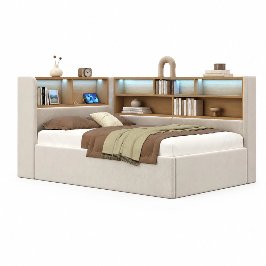 Letto giorno 90x200 cm in velluto beige con contenitore idraulico, LED, USB e schienale integrato