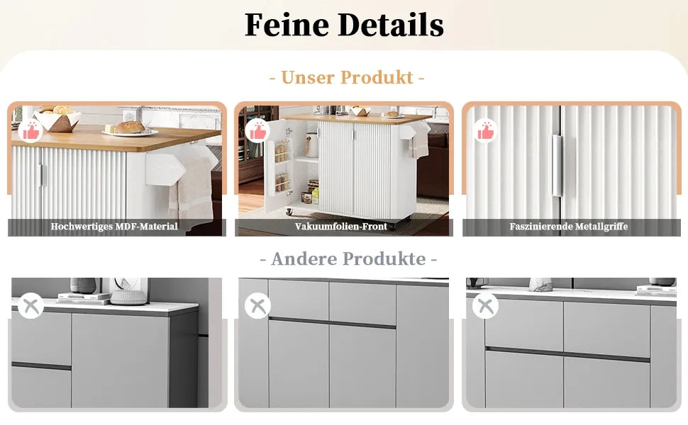 Isola Cucina Estensibile su Ruote 130x45(75)x92cm, Bianco/Nero, Effetto Legno, 3 Ante, Portasciugamani, Spezieria, Divisori Regolabili