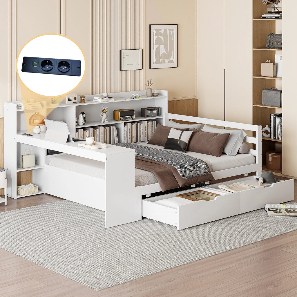 Letto matrimoniale 140x200 cm in legno bianco con scrivania; libreria; cassetti e presa USB
