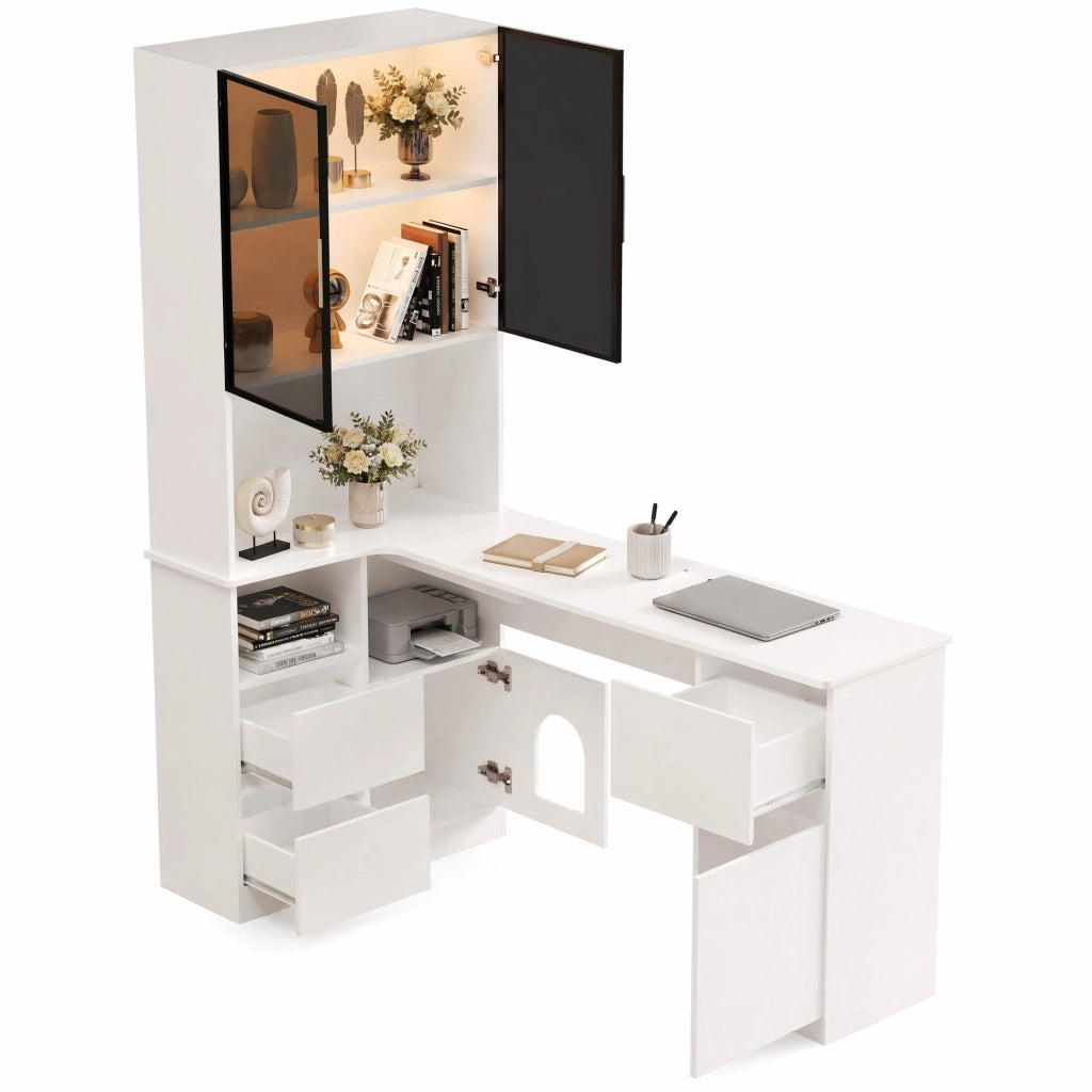 Scrivania angolare con libreria e vetrina LED, 3 cassetti e vano per animali, per studio, MDF bianco, 120 × 80 × 180 cm